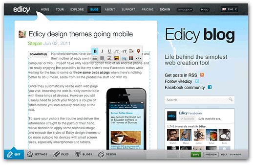 Edicy blog post editing view