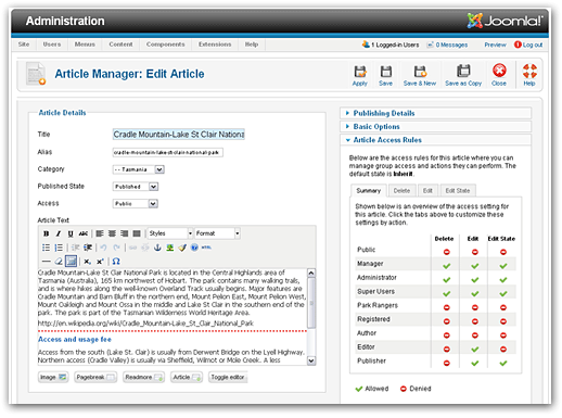 Joomla blog post editing view